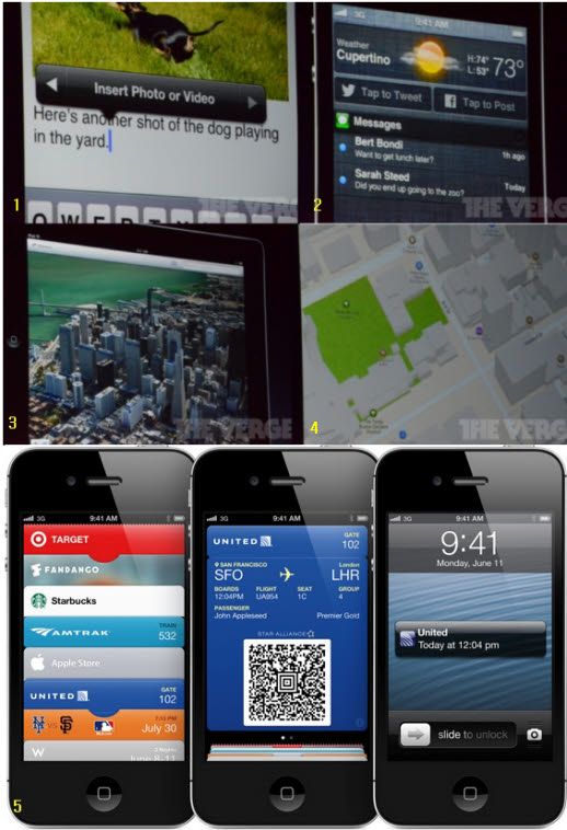 애플 iOS 6의 달라진 기능들. 1-메일 본문 내에 동영상 삽입 기능 2-페이스북과의 통합 3, 4-애플 지도 5-패스북 (출처 : www.theverge.com)