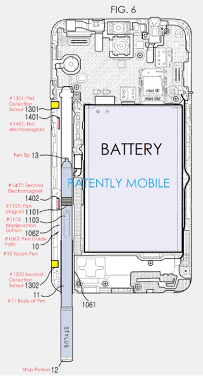 삼성은 갤럭시노트(및 전자기기)내부에 사용되는 전자펜이 음성이나 동작명령만으로도 자동으로 튀어나오도록 설계한 고안품에 대해 지난 해 4분기에 특허를 출원했다.  사진=미특허청/페이턴틀리모바일