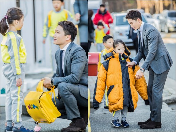 SBS 새 드라마 '피고인'서 아역 배우 신린아와 호흡을 맞추고 있는 지성.