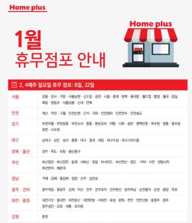 2017년 새해 두 번째 일요일인 1월 8일은 이마트와 홈플러스, 롯데마트, 코스트코 등 대형마트의 3분의 2가량 점포가 문을 닫는다. 홈플러스 1월 8, 22일 휴무 점포 안내. 사진=홈플러스 홈페이지 캡처