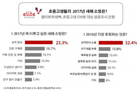 형지엘리트의 교복 브랜드 엘리트가 새해를 맞아 초중고생 530명을 대상으로 지난해 12월 16일부터 2주 동안 자사 공식 SNS채널을 통해 ‘2017년 새해 소망’에 대한 설문 조사를 벌인 결과 2017년 꼭 이루고 싶은 새해 소망으로 ‘성적 향상(23.3%)’을 1위로 선정했다. 그래프=형지엘리트 제공