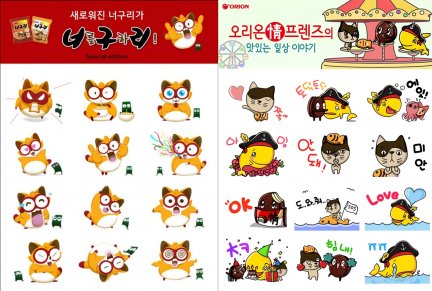 최근에는 SNS 이모티콘을 활용한 마케팅을 벌이는 유통업체들이 증가하고 있다. (왼쪽부터) 농심 너구리와 오리온 정 프렌즈 이모티콘. 사진=각사 제공