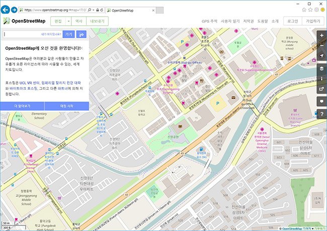 그림1. 국내 포켓몬고용 지도 데이터로 활용된 것으로 알려진 오픈스트리트맵 https://www.openstreetmap.org