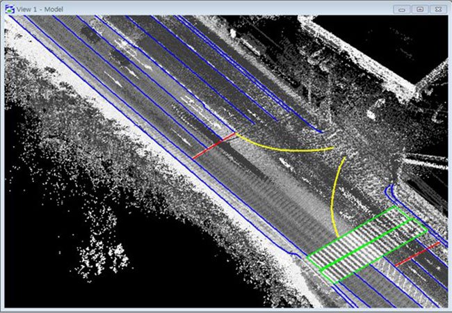 그림6. MMS(Mobile Mapping System)를 이용하여 취득한 점군 데이터 가시화 화면. 각종 센서를 탑재한 차량을 주행하면서 지도 데이터를 생성한다.