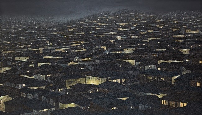 정영주, 도시-사라지는 풍경, 73 x53cm, 캔버스 위에 한지,아크릴릭, 2012