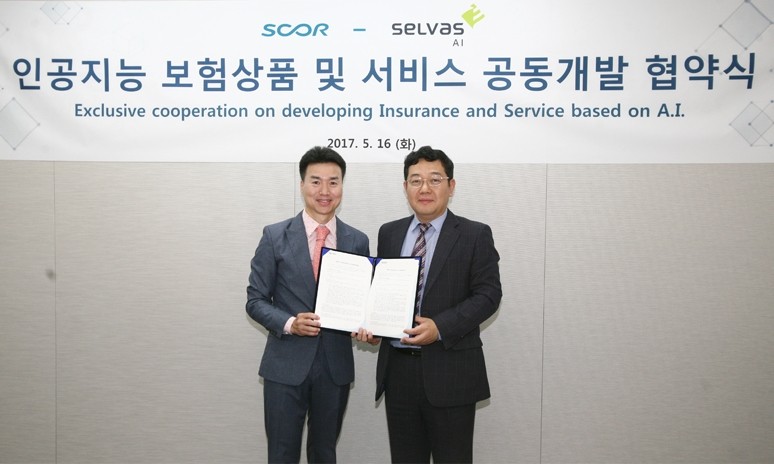 셀바스 AI는 프랑스 재보험사 스코르 글로벌 라이프 한국지점과 인공지능 보험상품 및 서비스 개발을 위한 업무 협약을 체결했다.