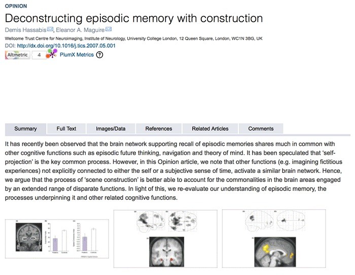 하사비스의 논문. 일화적 기억이 담당하는 여러 기억 관련 기능성에 관한 내용. 'Trends in Cognitive Science'(2007). UCL의 일화적 기억연구는 결국 2014년에 UCL의 존 오키프가 기억관련 연구로 노벨생리의학상을 수상하는 것으로 결실맺고 이에 기반한 강화학습기반 DQN알고리즘으로 2016년 알파고의 승리로 이어진다. 뇌연구기반 인지과학의 쾌거라 할 수 있다.