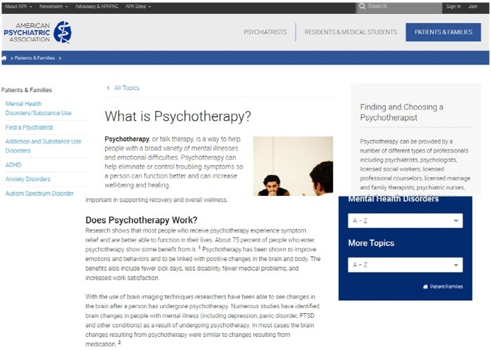 심리치료의 효과와 어떤 전문가 자격을 가진 사람이 심리치료자가 될 수 있는지에 대한 정보. 사진=미국정신의학회 홈페이지 캡처