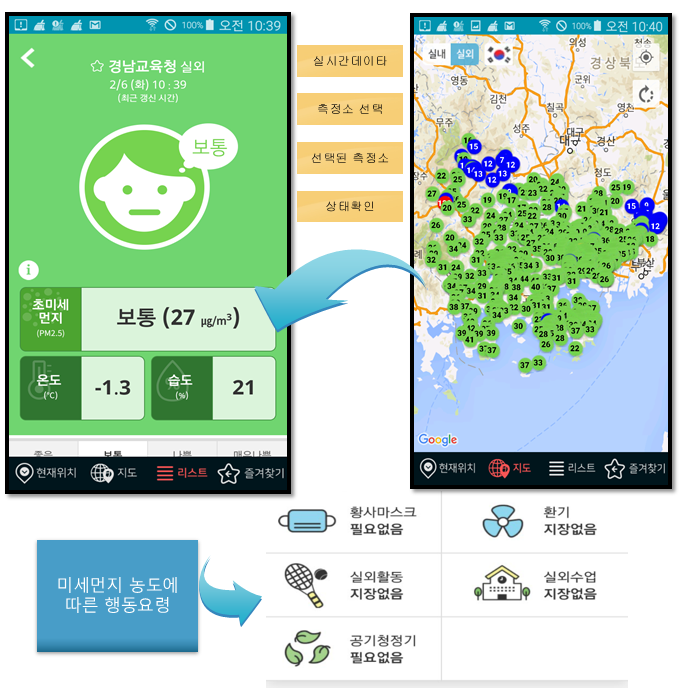 SGA임베디드의 에어프로 미세먼지 실시간 정보제공 화면