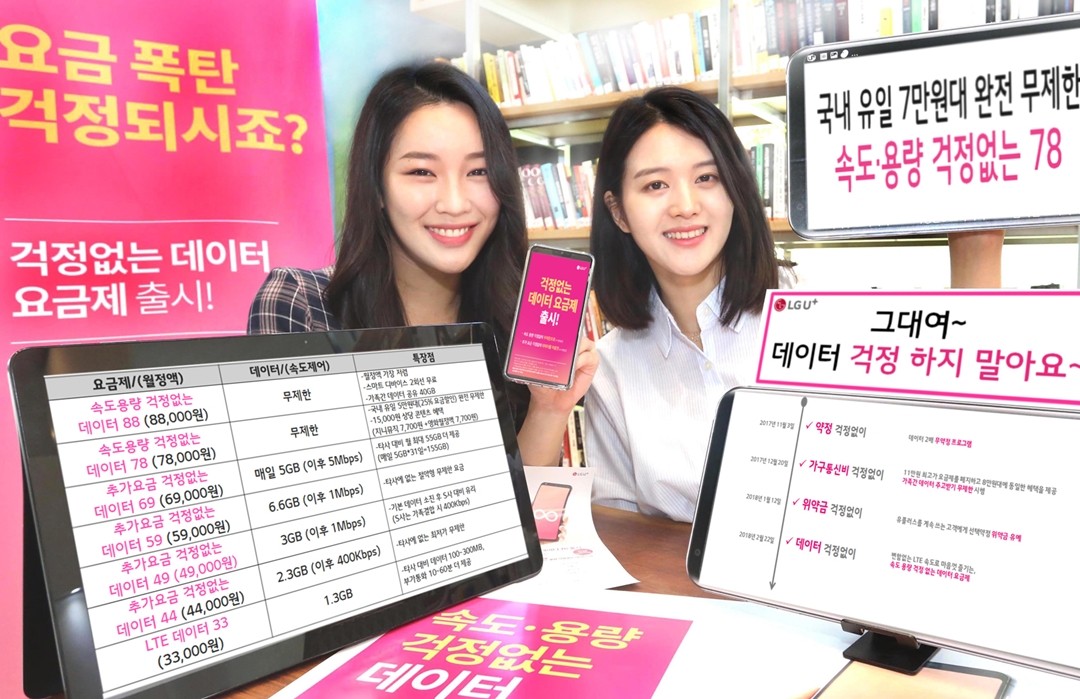 LG유플러스 홍보 모델들이 요금부담은 낮추고 고객 선택폭을 넓힌 ‘걱정없는 데이터 요금제’를 소개하고 있는 모습