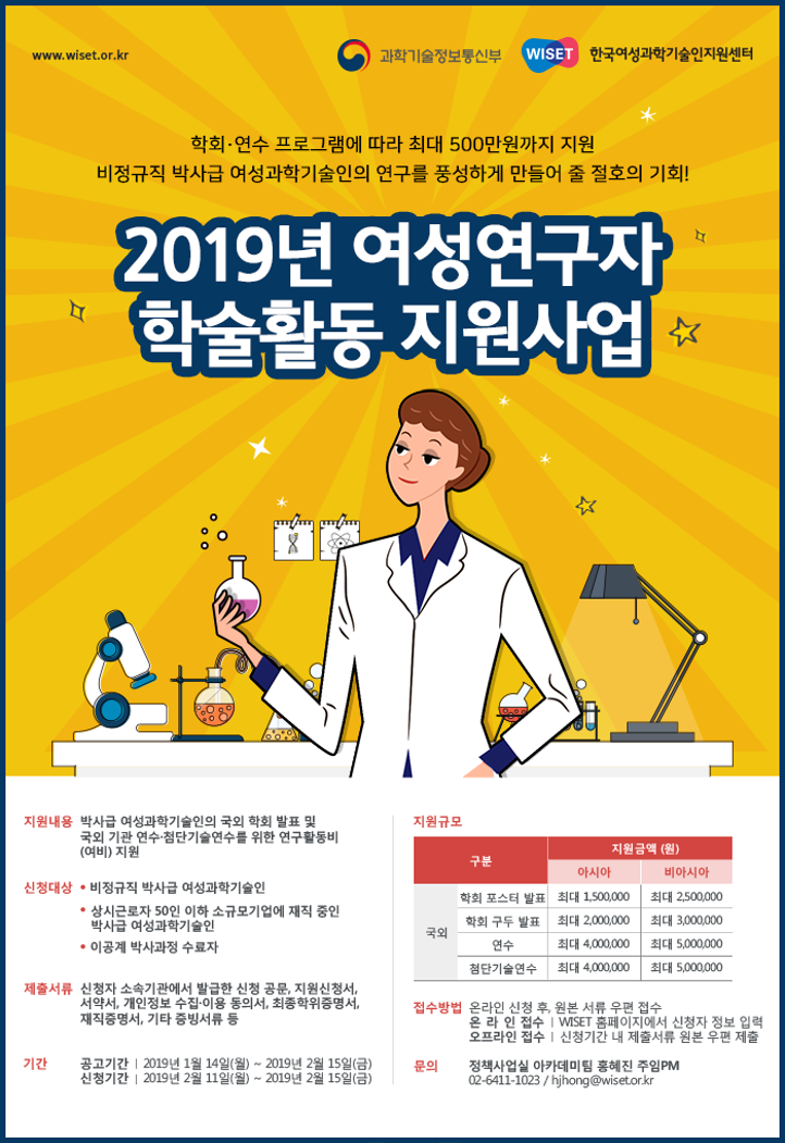 WISET, ‘비정규직 여성 박사’ 해외 학회·연수 최대 500만원 지원