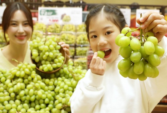 롯데마트 서울역점에서 모델들이 씨없는 청포도를 소개하고 있다. 사진=롯데마트 제공