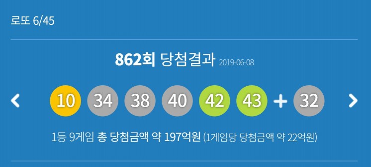 사진=로또 홈페이지(862회 당첨결과)