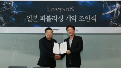 게임온 이상엽 대표(좌)와 스마일게이트 RPG 지원길 대표(우)가 기념사진을 촬영하고 있다. 사진=스마일게이트 RPG.