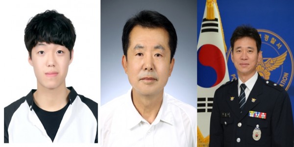화재현장의 신속한 대피를 돕고, 흉기를 든 범인을 제압한 시민과 너울성 파도에 휩쓸린 피서객을 구한 경찰이 LG의인상 수상자로 선정됐다. 사진 왼쪽부터 구교돈 씨, 김영근 씨, 임창균 경위다.