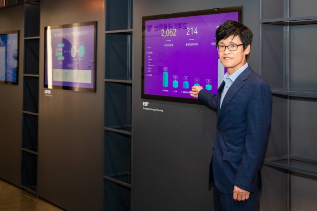 윤완수 웹케시 부회장이 주력 제품군인 인하우스뱅크, 브랜치, 경리나라의 일일 보급 현황판 앞에서 포즈를 취하고 있다.