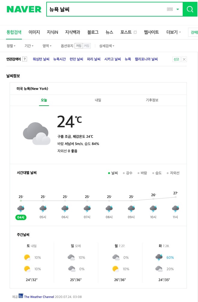 네이버 세계 기상정보 제공 화면
