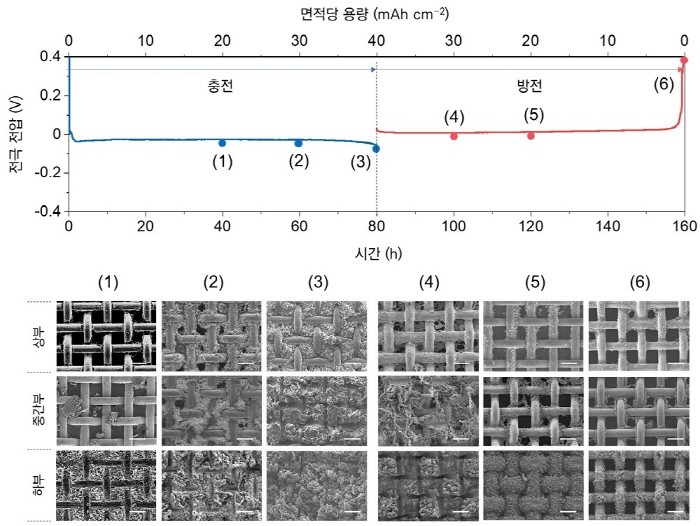 표면활성 구배형 전극에서 가역적인 충전(리튬증착) 및 방전(리튬탈착)
