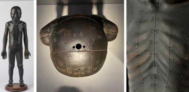 침구술 연습을 위해 제작된 청동인체상. 왼쪽부터 청동인체상 전체모습, 머리위 액체 주입구 세부모습, 상체에 표현된 경혈 세부모습(제공:국립고궁박물관)