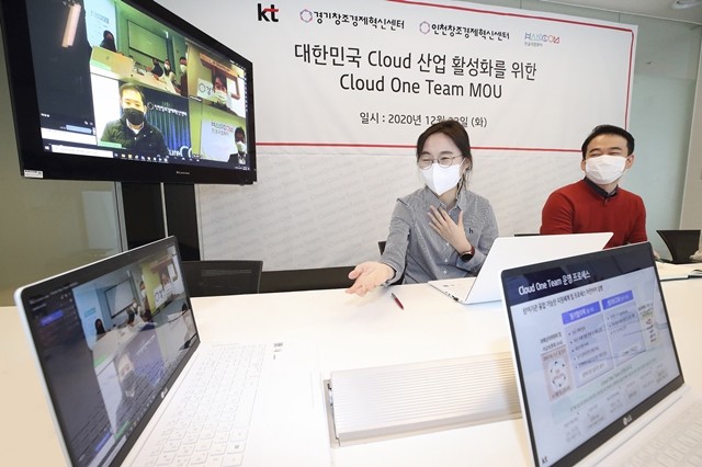 KT, 경기창조경제혁신센터, 인천창조경제혁신센터, 한글과컴퓨터 실무진이 양해각서를 맺은 후, 비대면 회의를 통해 클라우드 생태계 확대 방안에 대해 논의하고 있다.