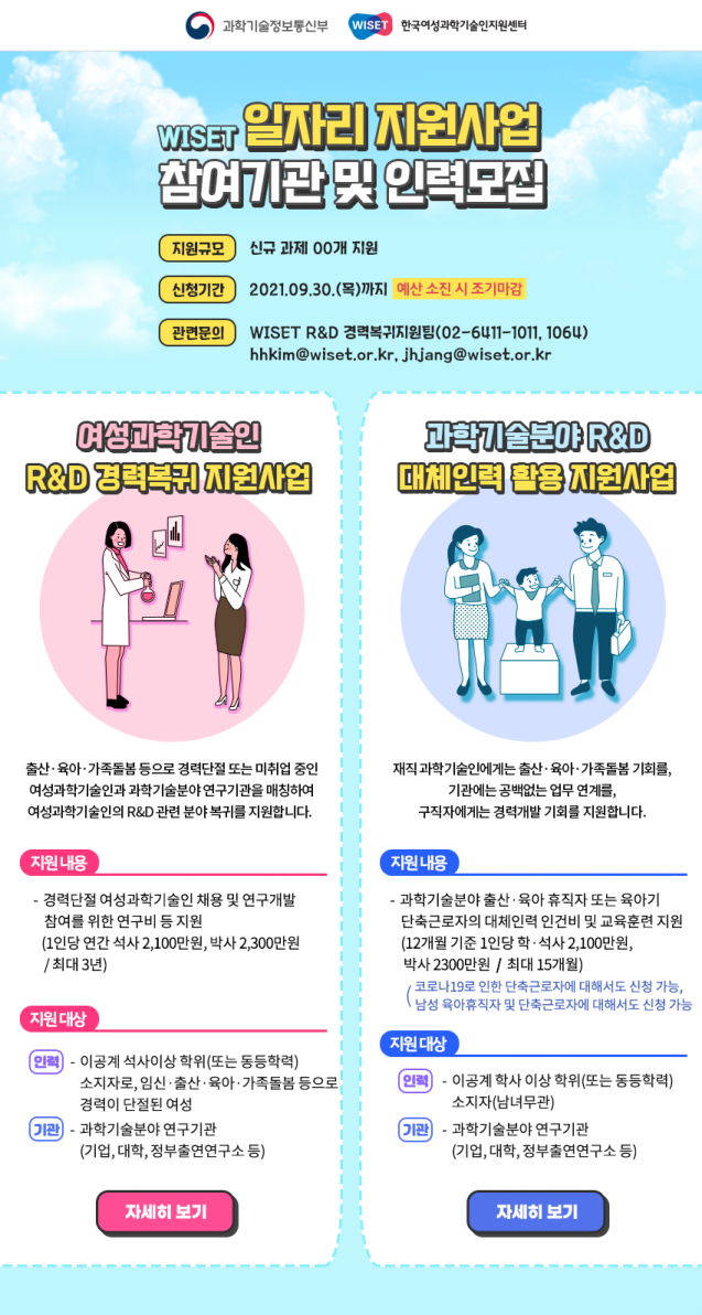 WISET, 여성과학기술인 일자리 지원사업 모집