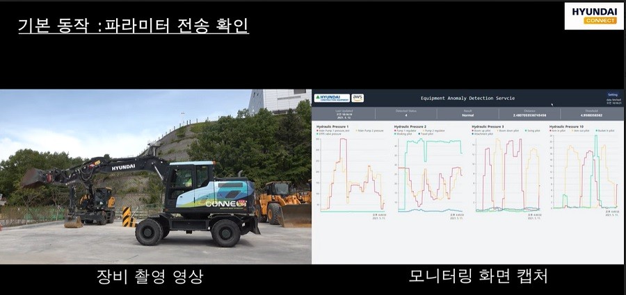 현대건설기계와 AWS가 협력해 개발한 고장진단 시스템 1단계 이상감지 시스템 시연