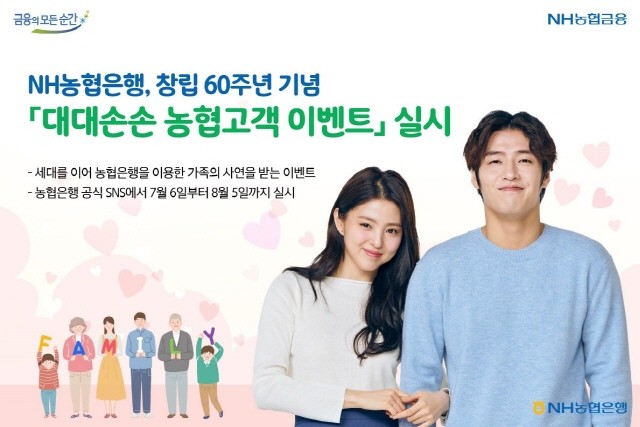 NH농협은행이 농협 창립 60주년을 기념하여 세대를 이어 농협은행을 이용한 가족 사연을 받는 ‘대대손손 농협 고객 이벤트’를 실시한다고 밝혔다.