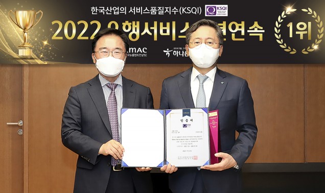 하나은행이 한국능률협회컨설팅 주관 '2022 한국산업 서비스품질지수' 고객접점 부문에서 7년 연속으로 1위 은행에 선정됐다. 사진은 하나은행 을지로 본점에서 열린 인증식에서 박성호 하나은행장(사진 오른쪽)과 한수희 한국능률협회컨설팅 대표이사 사장이 인증서를 들고 기념촬영을 하고 있는 모습. 사진=하나은행


사진=하나은행