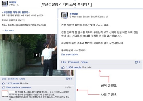 부산경찰청의 페이스북 페이지의 팬 수는 4만4천명이 넘는다. 공적 스토리가 사적 스토리가 ‘공감’이라는 코드를 매개로 넘나든다