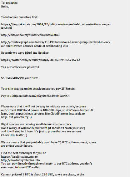 DD4BC가 DDoS 공격후 1차로 보낸 협박 이메일. 자료=아카마이