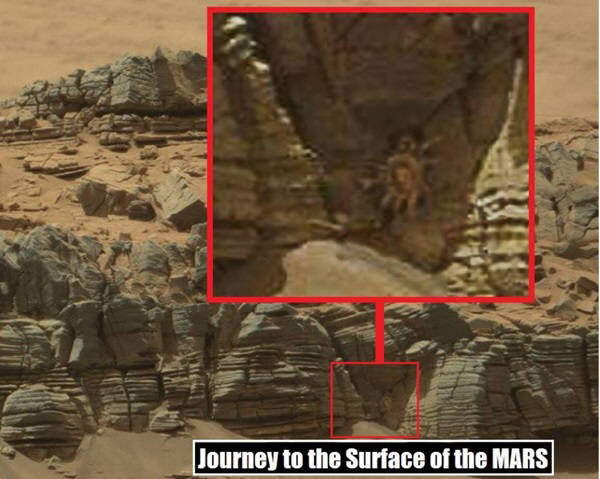 화성표면여행이란 그룹이 화성표면의 동굴에서 게모양의 생명체 모습을 발견했다며 페이스북에 올린 화성 동굴속 생명체 사진. 하지만 과학자들은 이것이 변상증에 의한 것이라고 말하고 있다. 사진=나사