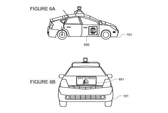 구글이 특허 받은 보행자 알림 기술. 자율주행차량에 센서와 표시장치를 달았다.<출처:미국 특허상표청>