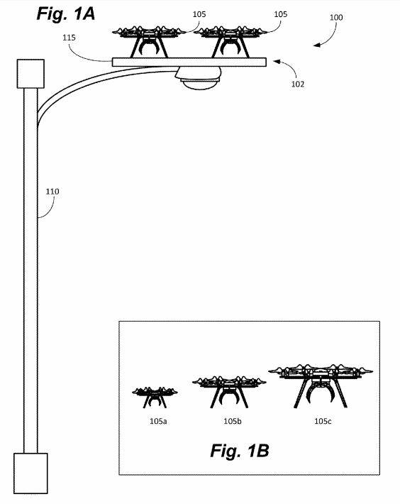 도킹스테이션시스템은 드론 크기에 맞는 수하물을 할당한다. 105는 드론, 115는 착륙 플랫폼 / 자료:미국 특허상표청(USPTO)