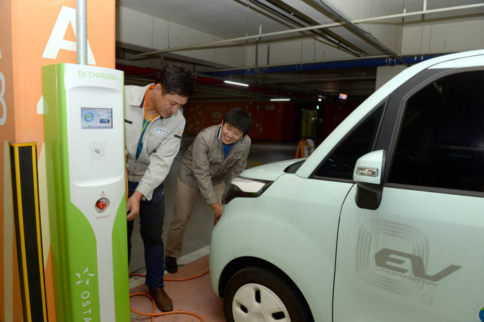 김포시 한 아파트 주차장에 설치되는 전기차용 완속충전기(7KWh급).