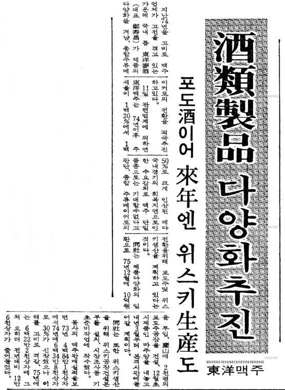 1976년 동양맥주가 와인 생산에 돌입했다는 1976년 11월 11일자 매일경제신문 기사. 사진=네이버 뉴스라이브러리 캡처