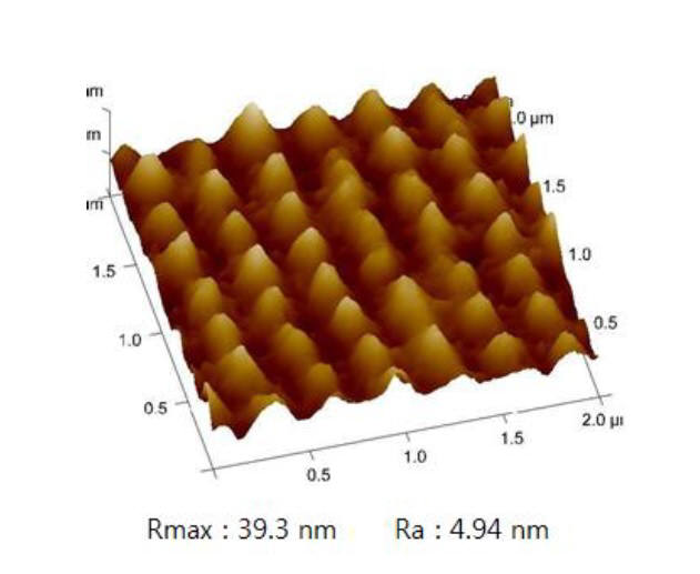신장비를 이용한 저온다결정실리콘(LTPS) 박막의 표면을 원자현미경(AFM)으로 분석한 결과. 평균 거칠기값(Ra)이 4.94나노미터에 불과해 박막 표면이 상당히 완만하게 형성된 것으로 나타났다. (자료=성균관대 서상준 교수)