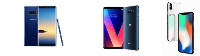 왼쪽부터 삼성전자의 '갤럭시노트8' LG전자 'V30' 애플의 '아이폰X'