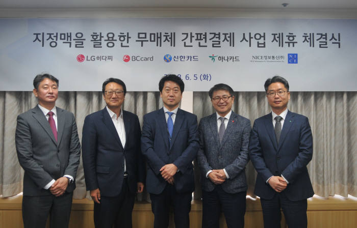 LG히다찌, BC카드, 신한카드, 하나카드 등 관계자들이 '지정맥을 활용한 무매체 간편결제 사업 제휴 체결식'을 체결하고 기념촬영했다. LG히다찌 제공