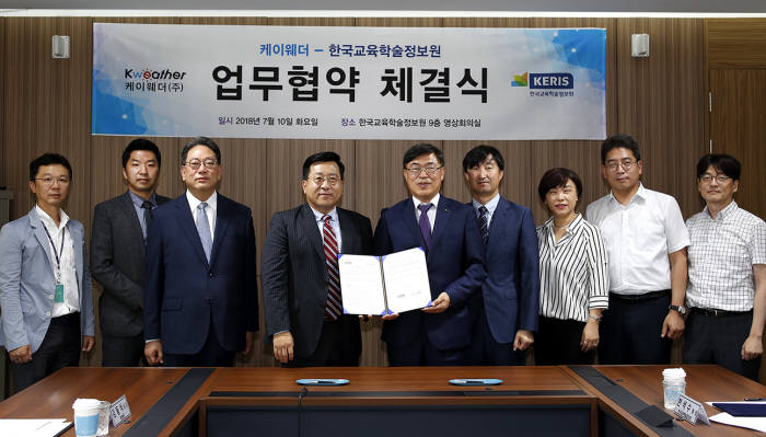 한국교육학술정보원과 케이웨더가 빅데이터 학교 미세먼지 문제 해결에 협력하기로 했다. 양쪽 관계자들이 협력 체결식 후 기념촬영했다. 한국교육학술정보원 제공