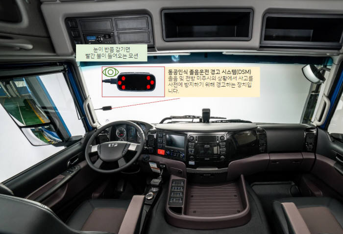 타타대우상용차 2019년형 프리마에 차량 내부에 탑재한 동공인식 졸음운전 경고장치 DSM(Driver Status Monitoring) 시스템.