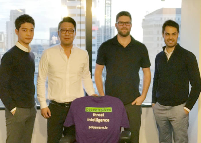 왼쪽부터 잉카인터넷 김철현 팀장, 정영석 이사, 폴리스웜의 Paul Makowski ? CTO, Adrian Escude - CMO