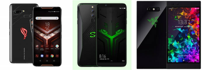 왼쪽부터 대만 에이수스의 ROG폰, 중국 샤오미의 블랙샤크 헬로, 미국 레이저(Razer)의 레이저폰 2