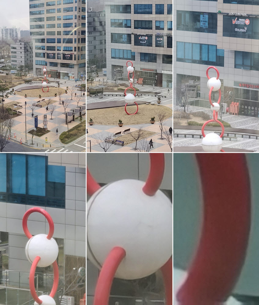 S20 울트라로 100배줌까지 확대해보고 있다. 왼쪽 위부터 ▲1x ▲2x ▲4x ▲10x ▲30x ▲100x율 촬영 사진. 배율은 앱 오른쪽에 나열된 버튼을 눌러 쉽게 조정 가능하다. 10배율까지 화질 저하가 없고, 30배율도 큰 화질 저하를 느끼기 어렵다.