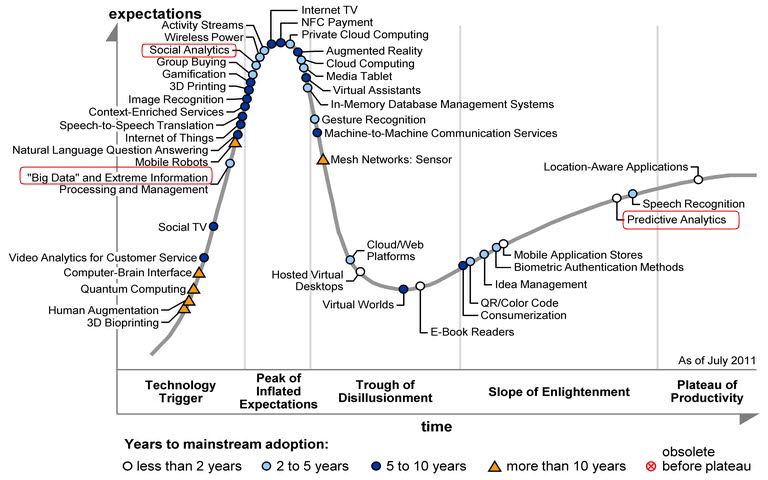 2011년 7월 발표한 가트너 하이프 사이클에서 소셜 분석이 `기대치가 최정점에 이르는 기술` 가운데서도 최고조에 접근하고 있다.가트너의 하이프사이클은 새롭게 등장한 기술에 대해 △기술이 소개되는 단계 △기술에 대한 기대가 충만해지는 단계 △기대에 못 미친 기술에 실망하는 단계 △기술 이해도가 상승하는 단계 △기술과 시장 안정기로 구분한다.
