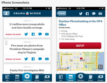 `오바마 2012` 앱 스크린샷. 공지사항(왼쪽)과 자신의 위치에서 가장 가까운 선거사무소(오른쪽)을 알려준다. <출처: 프로퍼블리카>