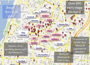 텔아비브에는 600개가 넘는 스타트업이 몰려 있다. 스타트업 외에 수많은 워킹 스페이스와 액셀러레이터도 이곳에 집중돼 있다. 지도에 빨간색 점으로 표시된 것이 스타트업.