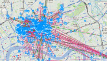테크시티맵닷컴이 제공하는 지도를 보면 테크시티 기업들이 얼마나 활발한 네트워킹을 하고 있는지 눈에 보인다. 테크시티에 꽉 들어찬 1250여개 스타트업이 트위터로 활발하게 소통하는 모습을 그래픽으로 나타냈다.<사진=테크시티맵닷컴>