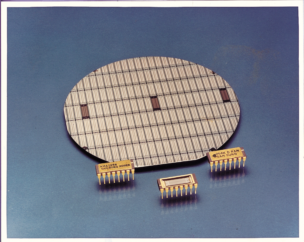 삼성전자가 세계 최초로 개발한 256M D램 모듈 및 웨이퍼.
