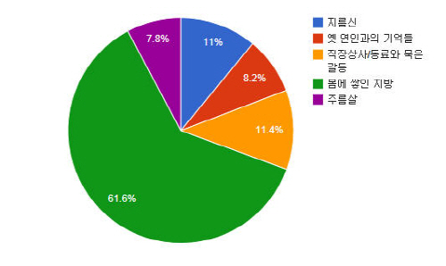 ▲ 한 소셜커머스 사이트가 실시한 설문조사 결과. 새해 버리고 싶은 것을 묻는 질문에 응답자 중 61.6%가 다이어트라고 답했다. 