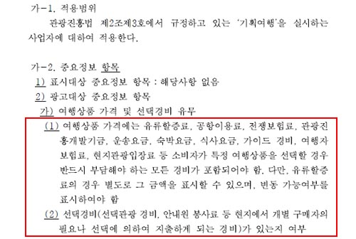 ▲ 공정거래위원회고시 중 여행상품 광고 관련 내용.